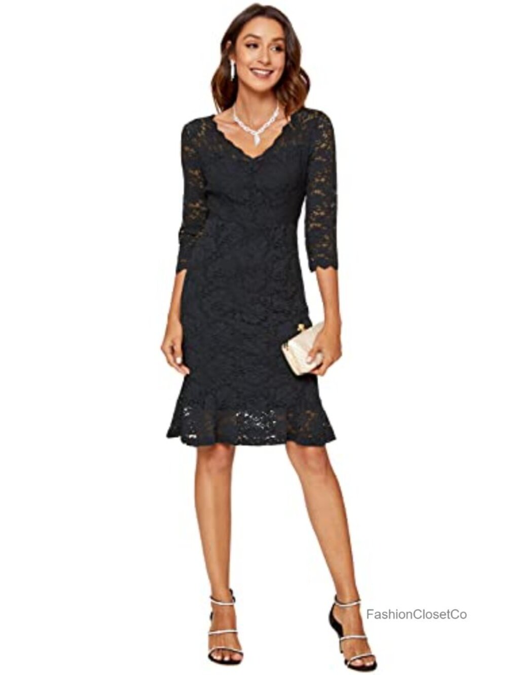 Women's Lace Bodycon Dress 3/4 Sleeve V-Neck Slim Fit Cocktail Party Wedding